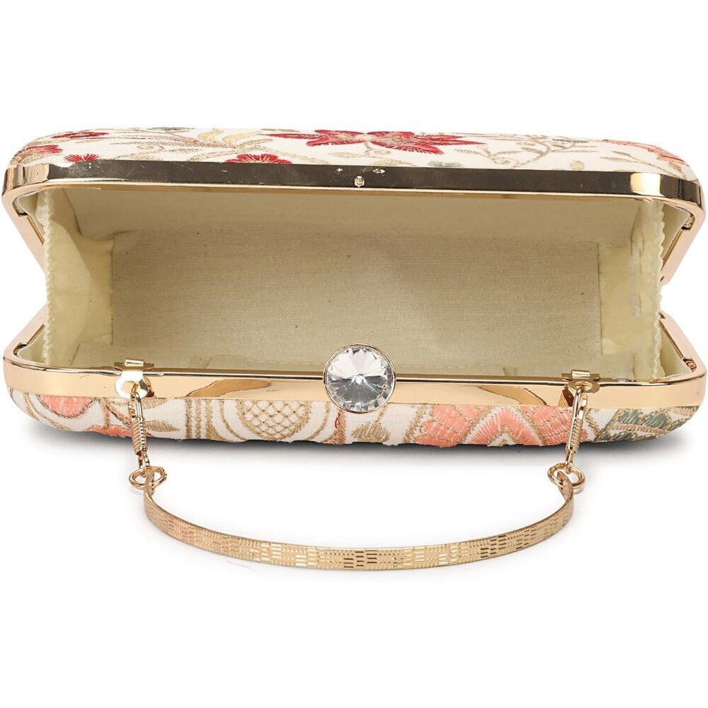 Handcrafted Zari Embroidery Box Clutch - Elegant Evening Purse in Cream - Picture 6 of 7
